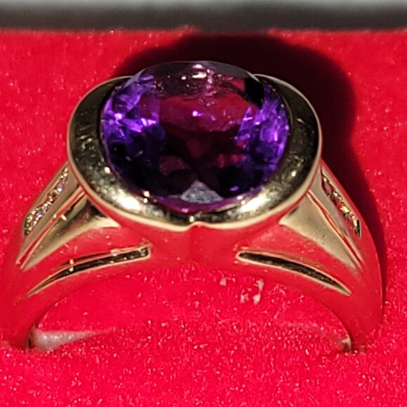 14k Yellow Gold Amethyst Solitaire Cocktail Ring W/ Diamond Accents 14.16 $1300 - Picture 6 of 11